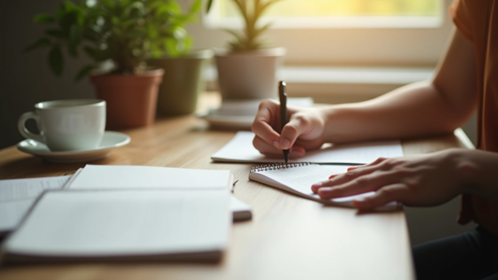 Nahaufnahme von Händen, die in einem Notizbuch schreiben, mit Tee und Pflanze auf dem Schreibtisch