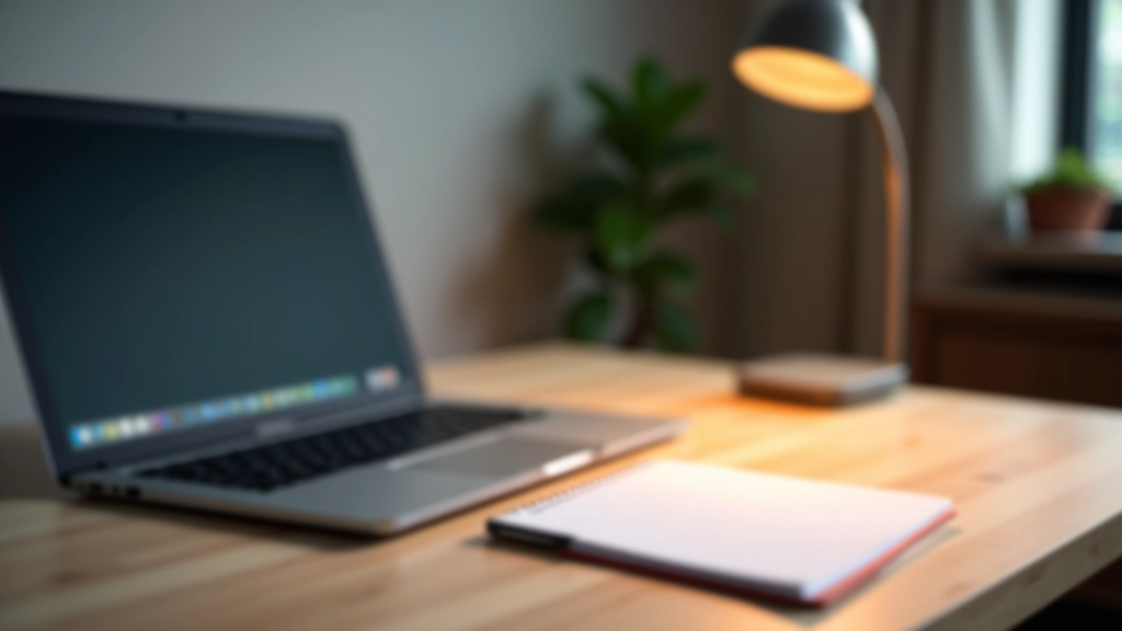 Laptop mit Notizbuch daneben auf einem modernen Schreibtisch, Arbeitsumgebung mit fokussiertem Licht