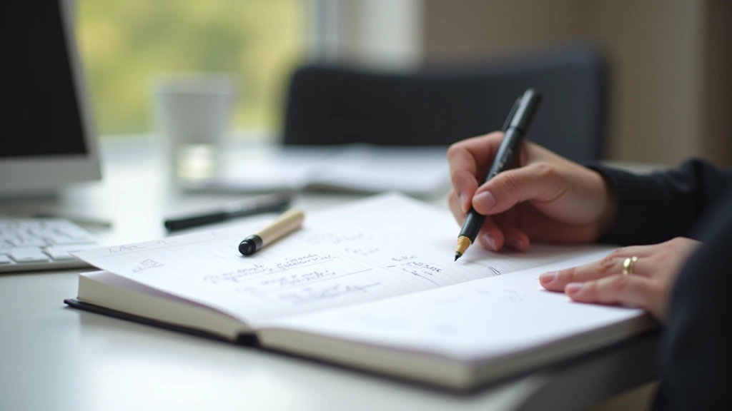 Nahaufnahme eines Notizbuches mit klaren, gut strukturierten Notizen und Stiften, die Klarheit und Gedankenorganisation repräsentieren