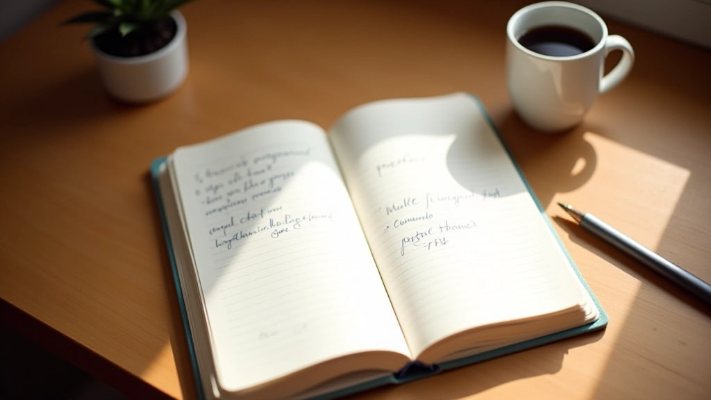 Notizbuch mit handgeschriebenen Notizen liegt auf einem Holztisch neben einer Kaffeetasse