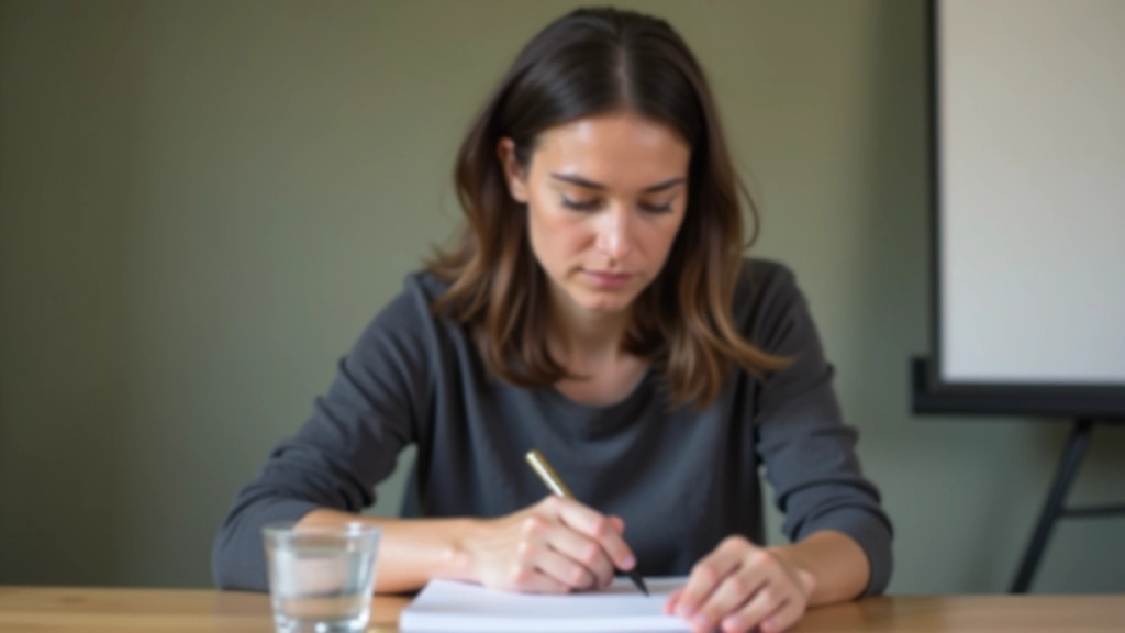 Person sitzt nachdenklich und schreibt auf einem Notizbuch, mit ruhiger, konzentrierter Körpersprache