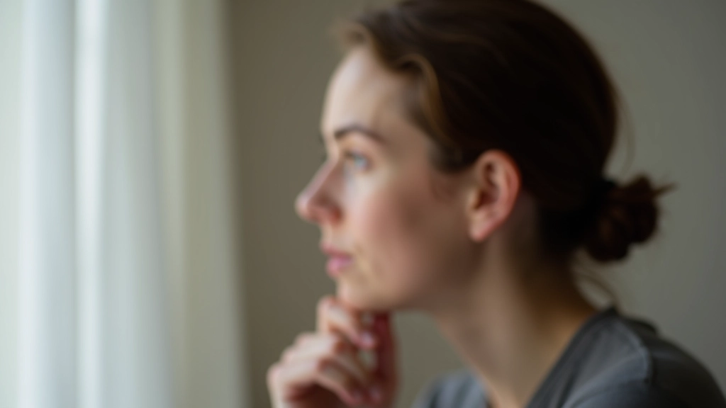 Person sitzt nachdenklich mit Hand am Kinn, innere Gedanken symbolisierend