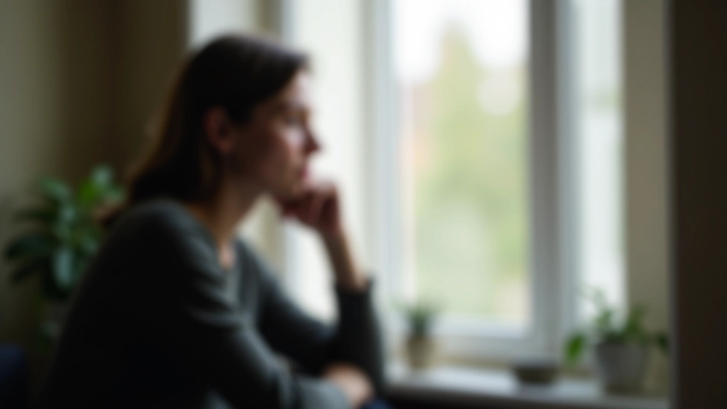 Person sitzt nachdenklich an einem Fenster, Hand am Kinn, innere Gedanken und Selbstreflexion symbolisierend