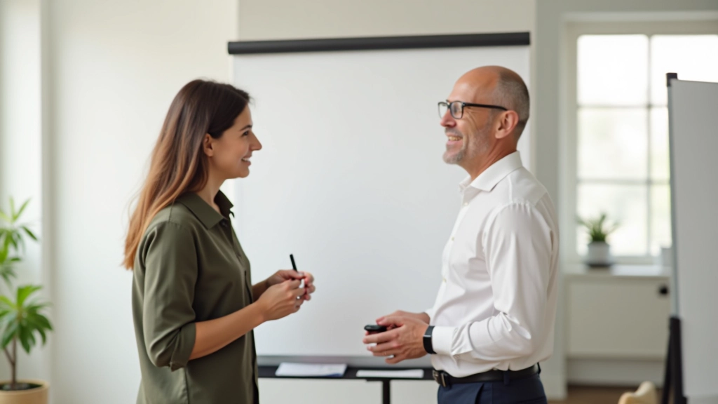 Zwei Personen arbeiten zusammen an einem Whiteboard mit positiven Gesten und offenem Körpersprachlich