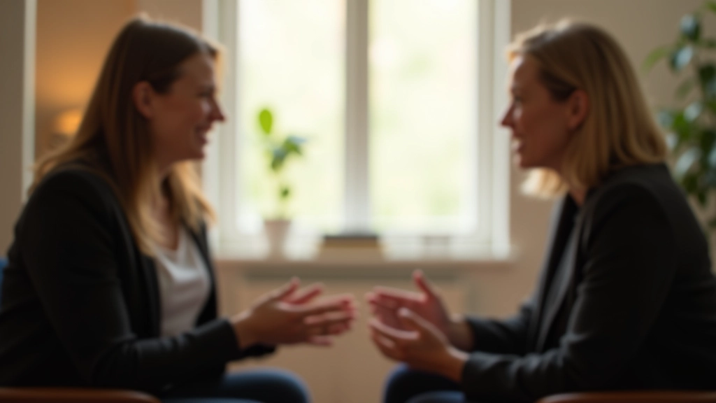 Zwei Menschen führen ein offenes, empathisches Gespräch in einem hellen Raum mit entspannter Körperhaltung