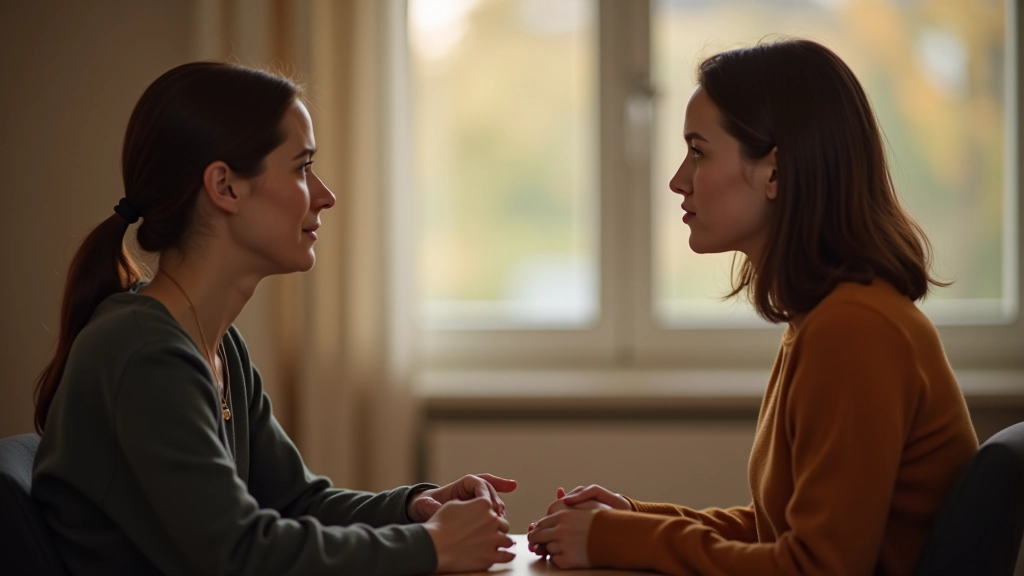 Zwei Menschen in einem wichtigen Gespräch, einer spricht während der andere aufmerksam zuhört, beide entspannt und offen