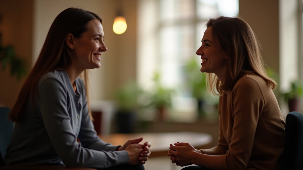 Zwei Menschen führen ein Gespräch face-to-face, beide sitzen sich gegenüber mit offener Körperhaltung und Augenkontakt