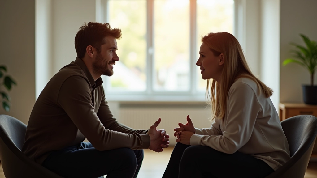 Zwei Menschen sitzen sich gegenüber und führen ein offenes, respektvolles Gespräch in einer hellen Büroumgebung