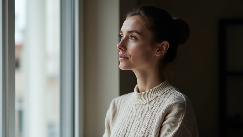 Person sitzt nachdenklich am Fenster und schaut auf die Straße, mit fokussiertem Gesichtsausdruck